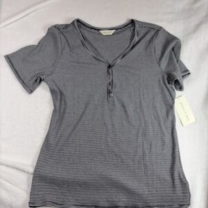 Gemma and Olivia Navy and White Striped Short Sleeve Shirt  Large NWT Stretch